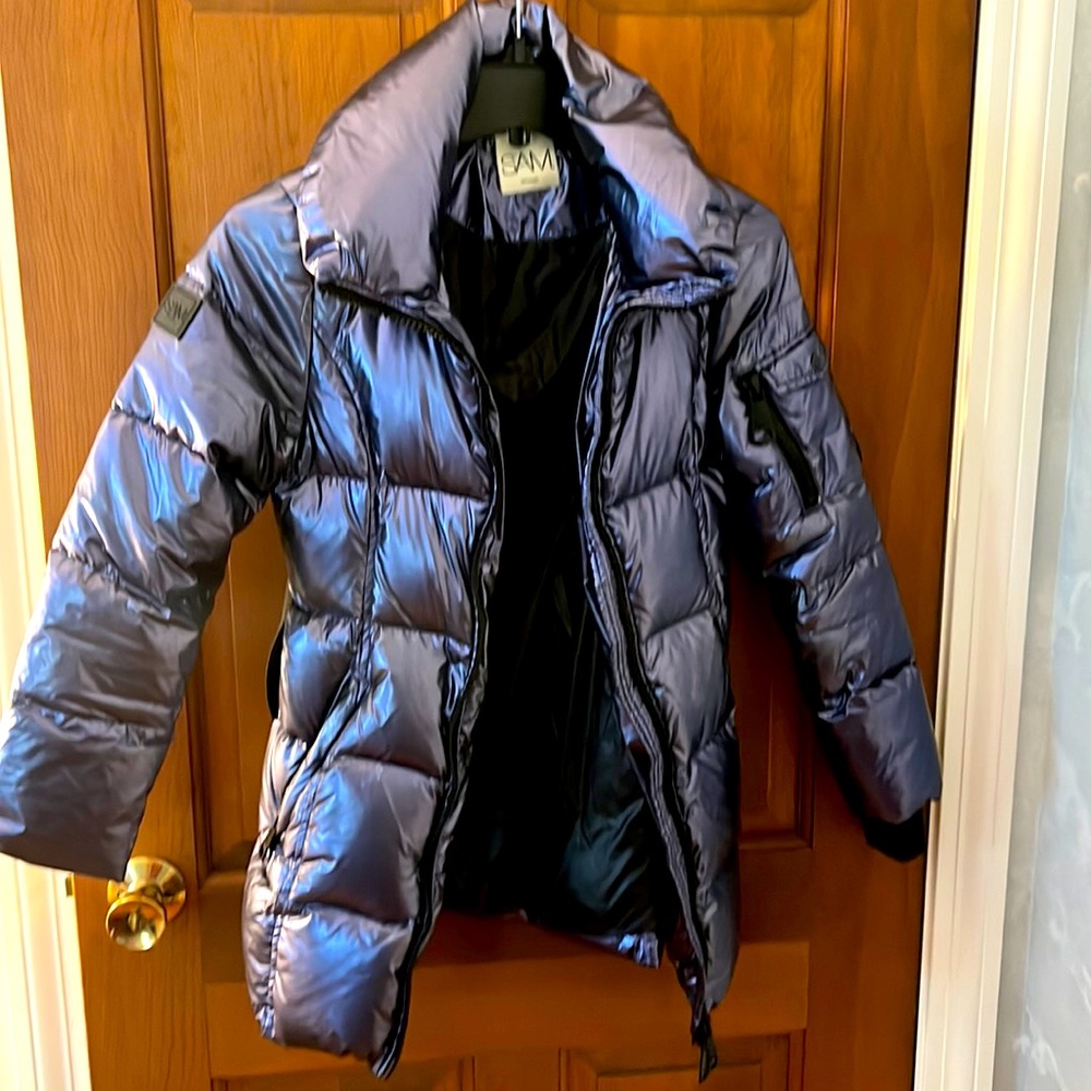 SAM's girl's 3/4 belted down coat in metallic blue. Hood included.